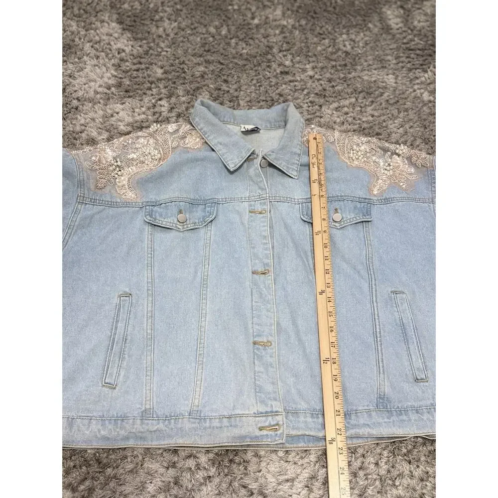 Arula Women’s Denim Jacket Plus Size 3X Light Wash Pearl Sequin Lace Embellished - Picture 13 of 15